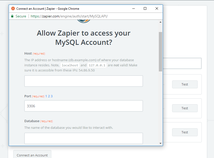 Connect MySQL account with zapier