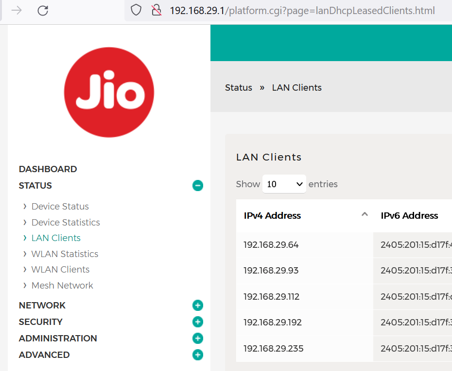 JIO Router LAN Client List
