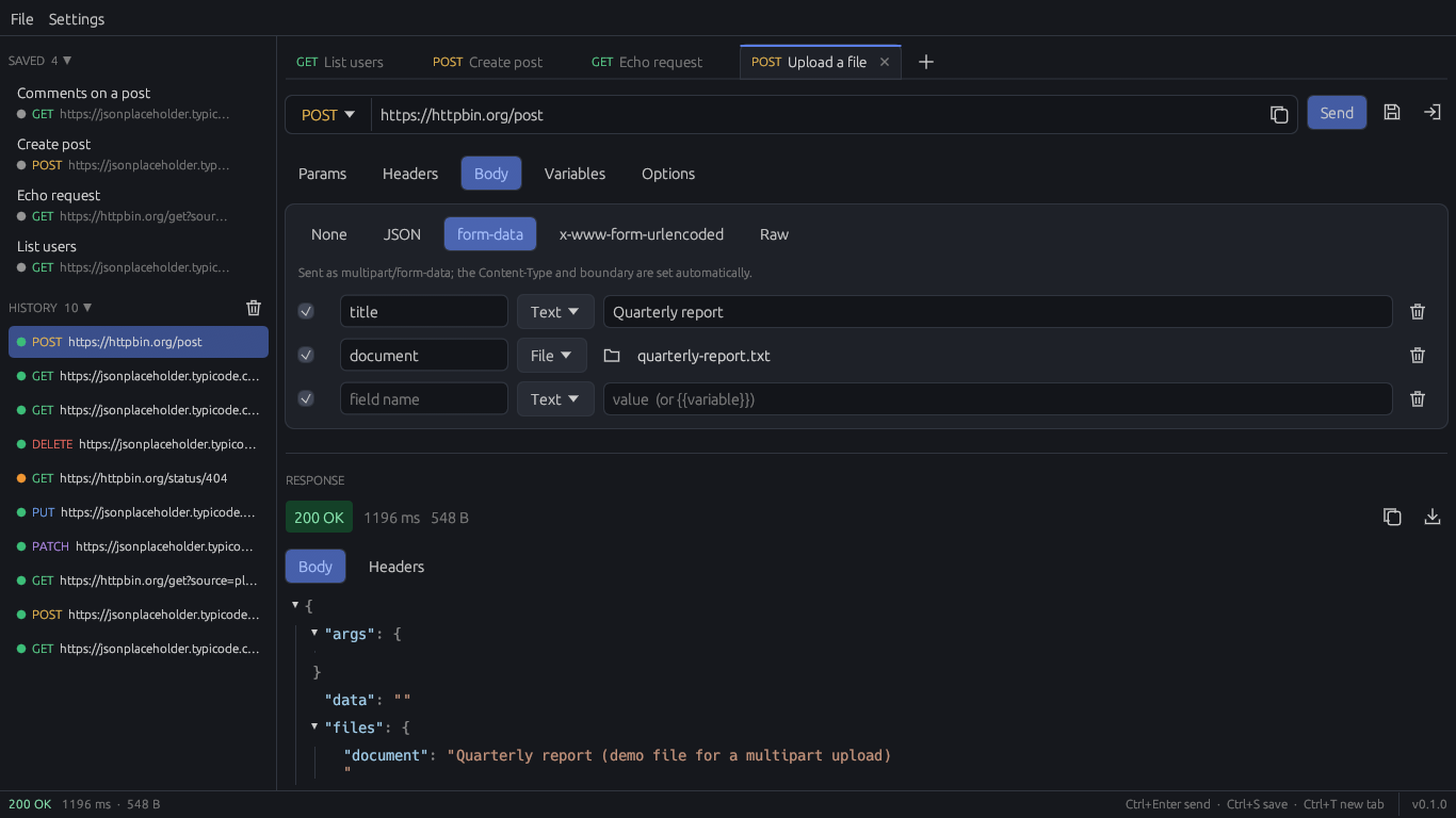 A multipart form-data request with a text field and a file field, and the server echo of the upload