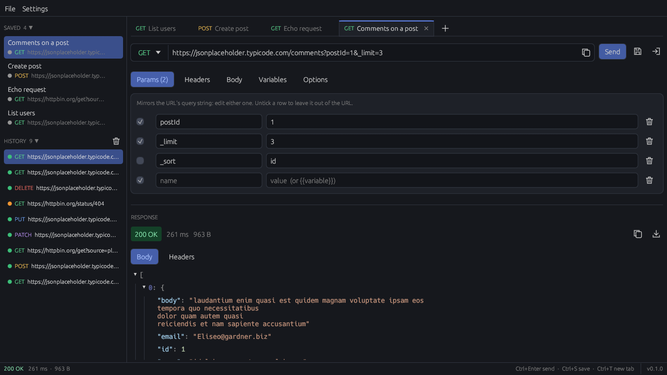 Plunger with four request tabs, saved requests and history in the sidebar, query params in sync with the URL, and a JSON response