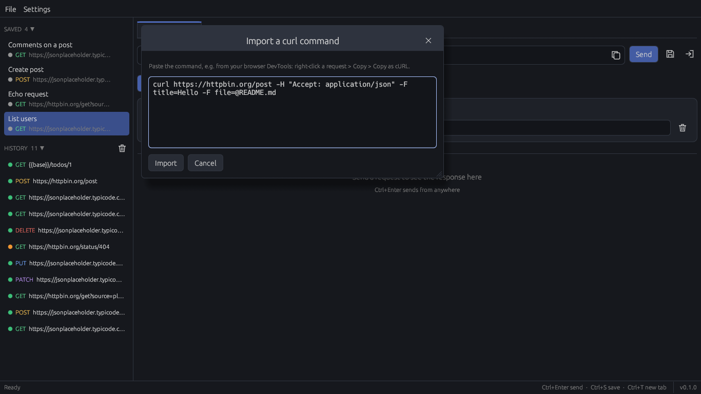 The Import a curl command dialog with a pasted curl command